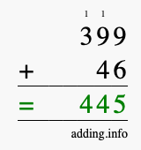 Calculate 399 + 46 using long addition