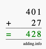 Calculate 401 + 27 using long addition