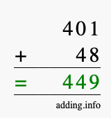 Calculate 401 + 48 using long addition