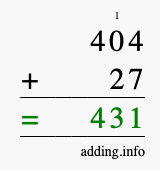 Calculate 404 + 27 using long addition