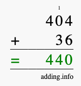Calculate 404 + 36 using long addition