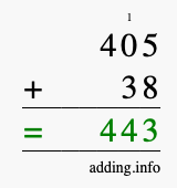 Calculate 405 + 38 using long addition