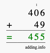 Calculate 406 + 49 using long addition