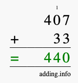 Calculate 407 + 33 using long addition
