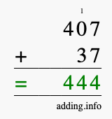 Calculate 407 + 37 using long addition