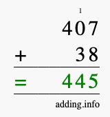 Calculate 407 + 38 using long addition