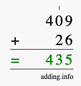 Calculate 409 + 26 using long addition