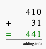 Calculate 410 + 31 using long addition