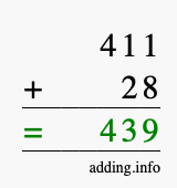 Calculate 411 + 28 using long addition
