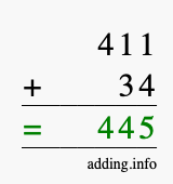 Calculate 411 + 34 using long addition