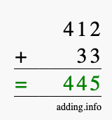 Calculate 412 + 33 using long addition