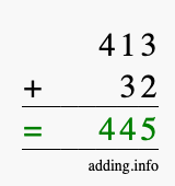 Calculate 413 + 32 using long addition