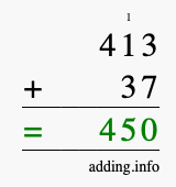 Calculate 413 + 37 using long addition