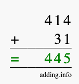 Calculate 414 + 31 using long addition