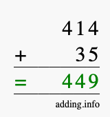Calculate 414 + 35 using long addition
