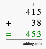 Calculate 415 + 38 using long addition
