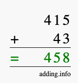 Calculate 415 + 43 using long addition