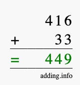 Calculate 416 + 33 using long addition