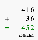 Calculate 416 + 36 using long addition