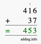 Calculate 416 + 37 using long addition