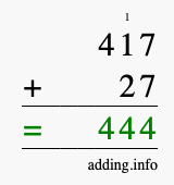 Calculate 417 + 27 using long addition