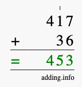 Calculate 417 + 36 using long addition