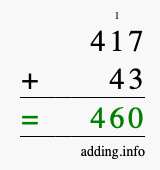 Calculate 417 + 43 using long addition