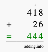 Calculate 418 + 26 using long addition
