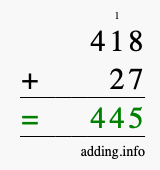 Calculate 418 + 27 using long addition