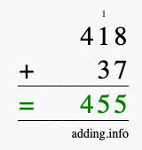 Calculate 418 + 37 using long addition