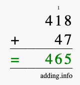 Calculate 418 + 47 using long addition