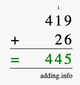 Calculate 419 + 26 using long addition