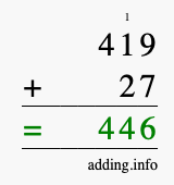 Calculate 419 + 27 using long addition