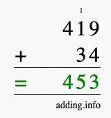 Calculate 419 + 34 using long addition