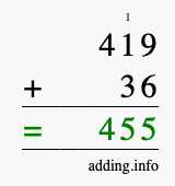 Calculate 419 + 36 using long addition