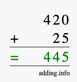 Calculate 420 + 25 using long addition