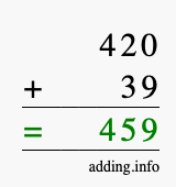 Calculate 420 + 39 using long addition