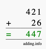 Calculate 421 + 26 using long addition