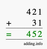 Calculate 421 + 31 using long addition