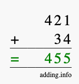 Calculate 421 + 34 using long addition