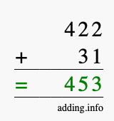Calculate 422 + 31 using long addition