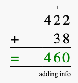 Calculate 422 + 38 using long addition