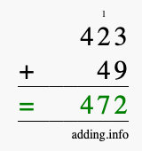 Calculate 423 + 49 using long addition