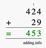 Calculate 424 + 29 using long addition