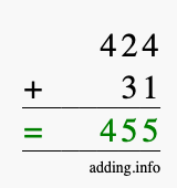 Calculate 424 + 31 using long addition