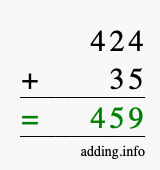 Calculate 424 + 35 using long addition