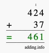 Calculate 424 + 37 using long addition