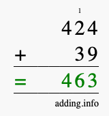 Calculate 424 + 39 using long addition
