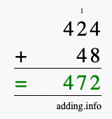 Calculate 424 + 48 using long addition