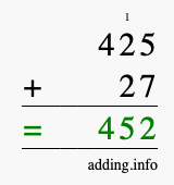 Calculate 425 + 27 using long addition